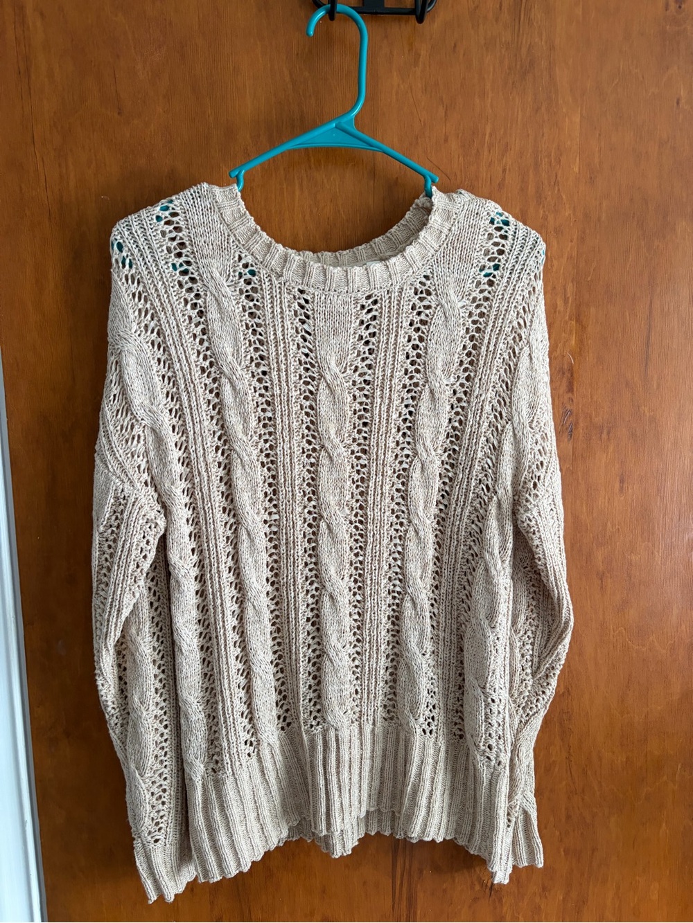 Cyrus Beige Openwork Cable Knit Scoop Neck Sweater